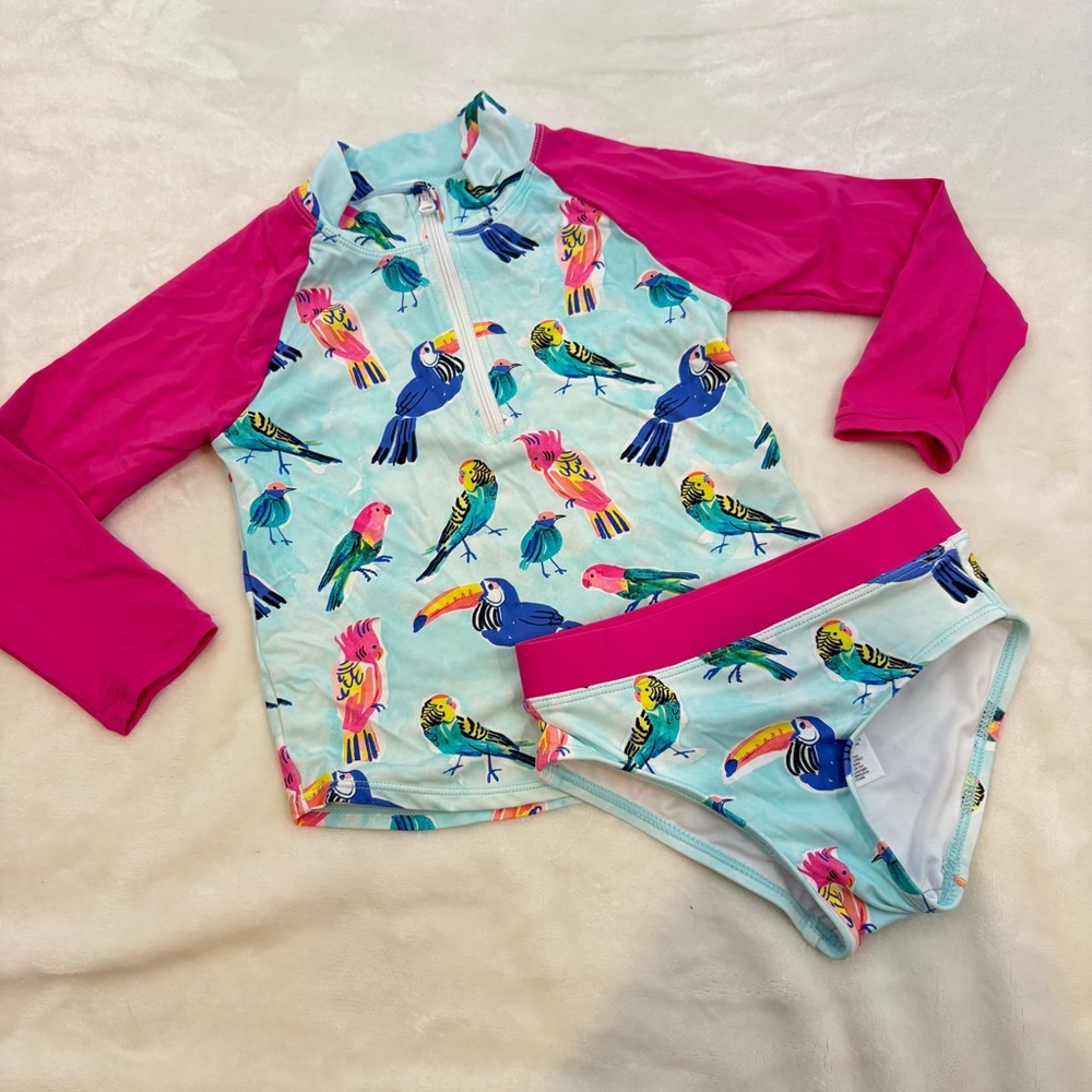 Hatley Girls Parrot Swimsuit Size 3 Rash Guard & Bottoms 2-piece